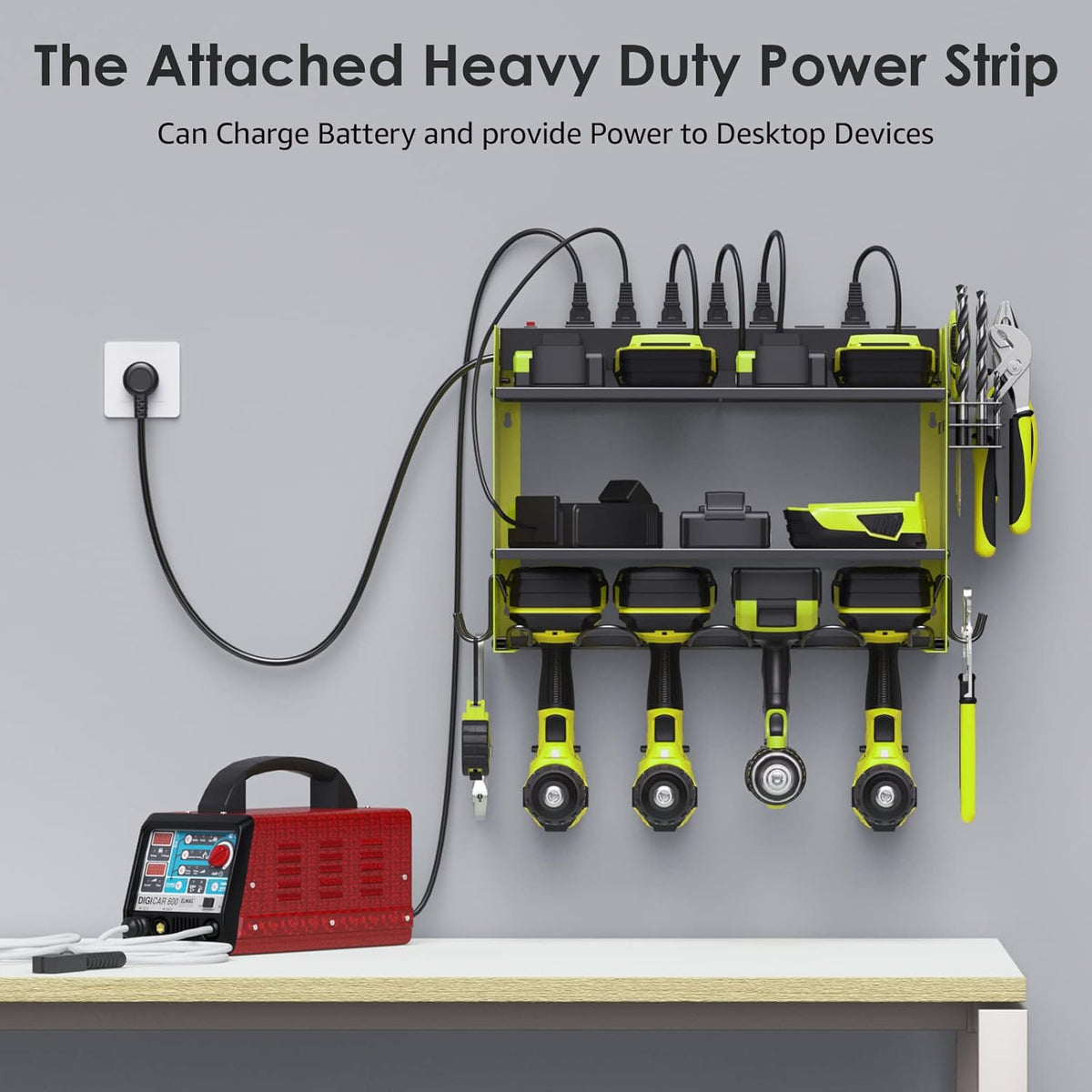CCCEI Modular Power Tool Organizer Wall Mount with Charging Station. Garage 4 Drill Storage Shelf