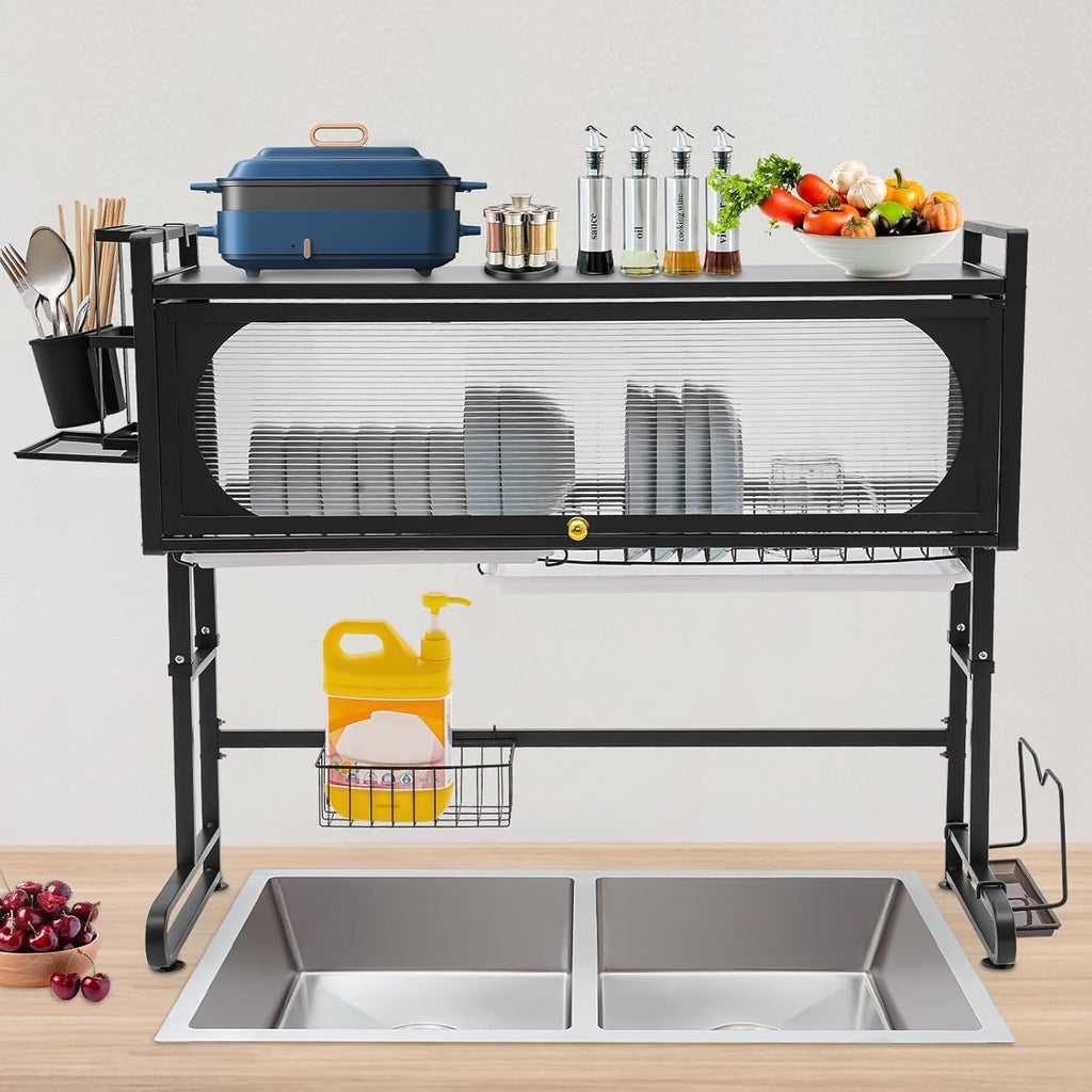 3 Tier Over The Sink Dish Drying Rack W/Clear Cabinet Door, Adjustable Dish Drainer Rack, Black