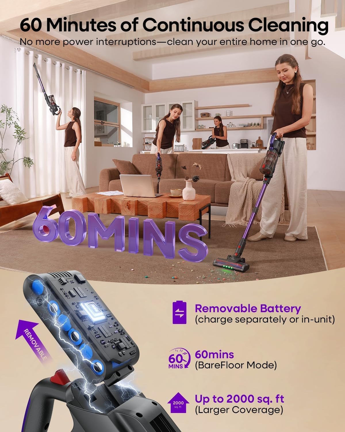 AlloyMove Cordless Vacuum Cleaner 45KPA, Up to 60mins Runtime Lightweight Powerful Suction Vacuum