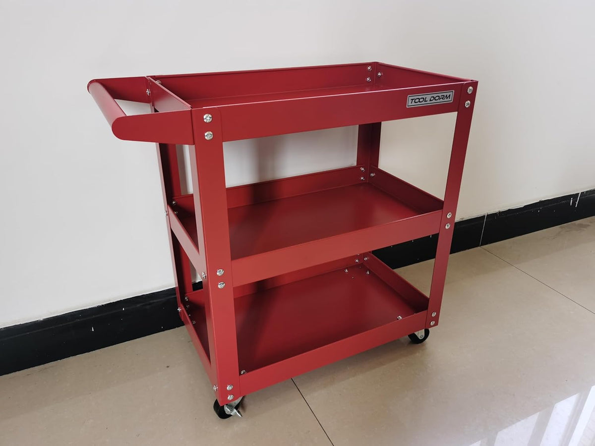 Utility Service Cart, 3 Shelf 150LBS Heavy Duty Steel Rolling Utility Cart, Medium Lipped Shelf