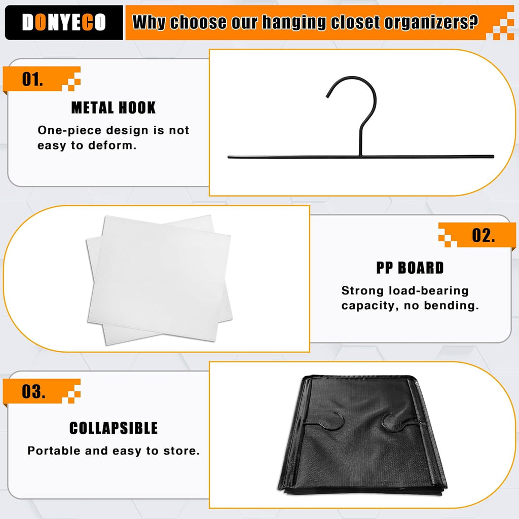 Hanging Closet Organizer - 3-Shelf, Easy Mount Foldable Wardrobe Storage Shelves for Clothes