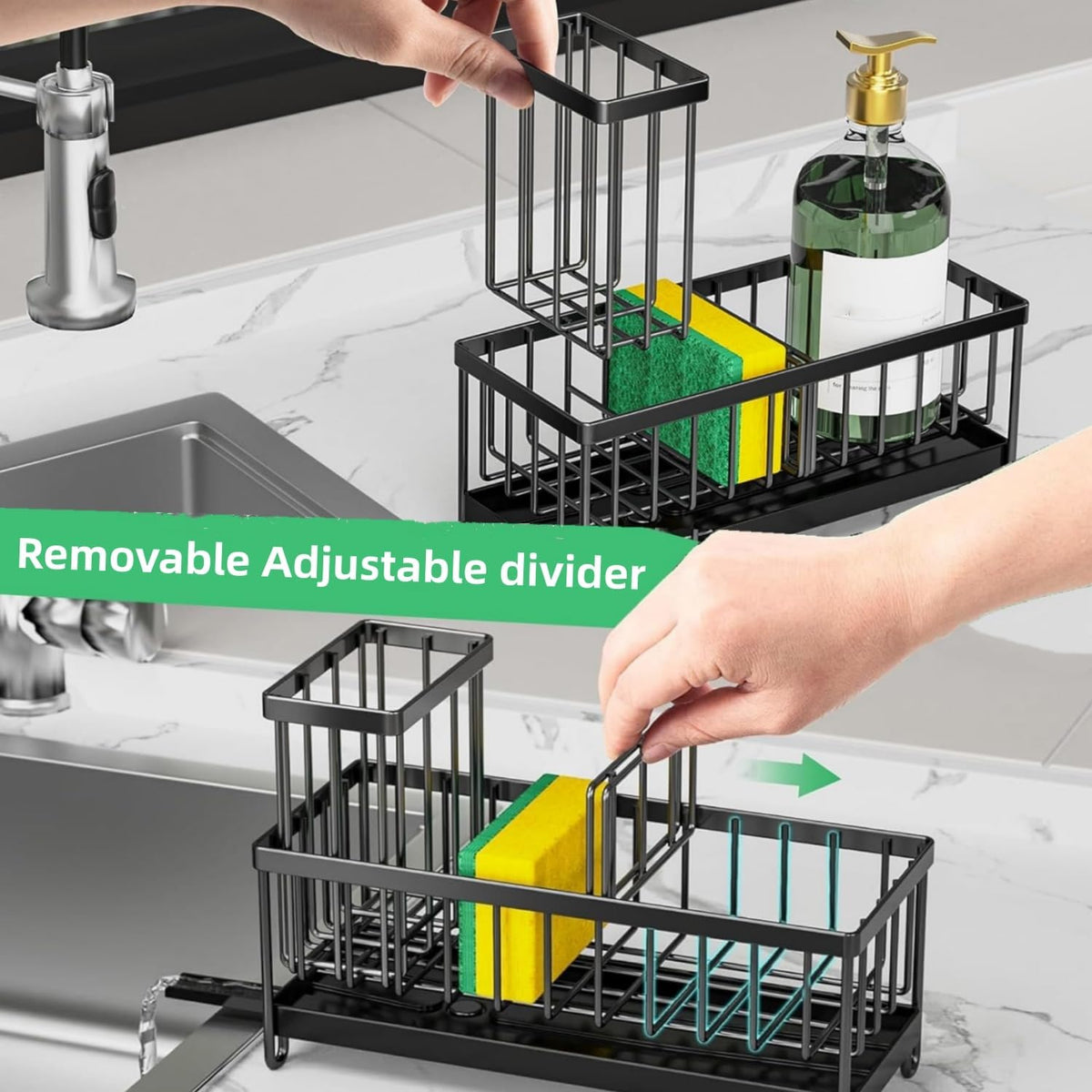 Sponge Holder for Kitchen Sink, Stainless Steel Sink Caddy with Auto Drain Tray, Kitchen Organizer