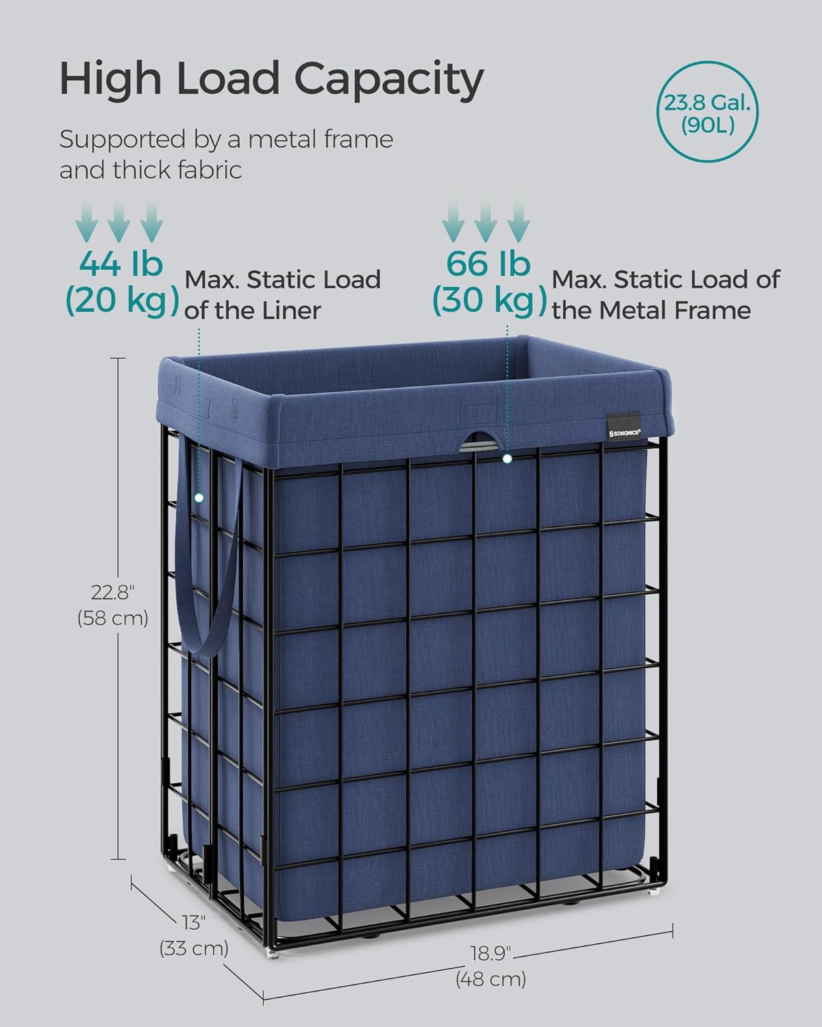 SONGMICS Laundry Hamper, 23.8 Gal. (90L) Laundry Basket, Collapsible Clothes Hamper, Removable and