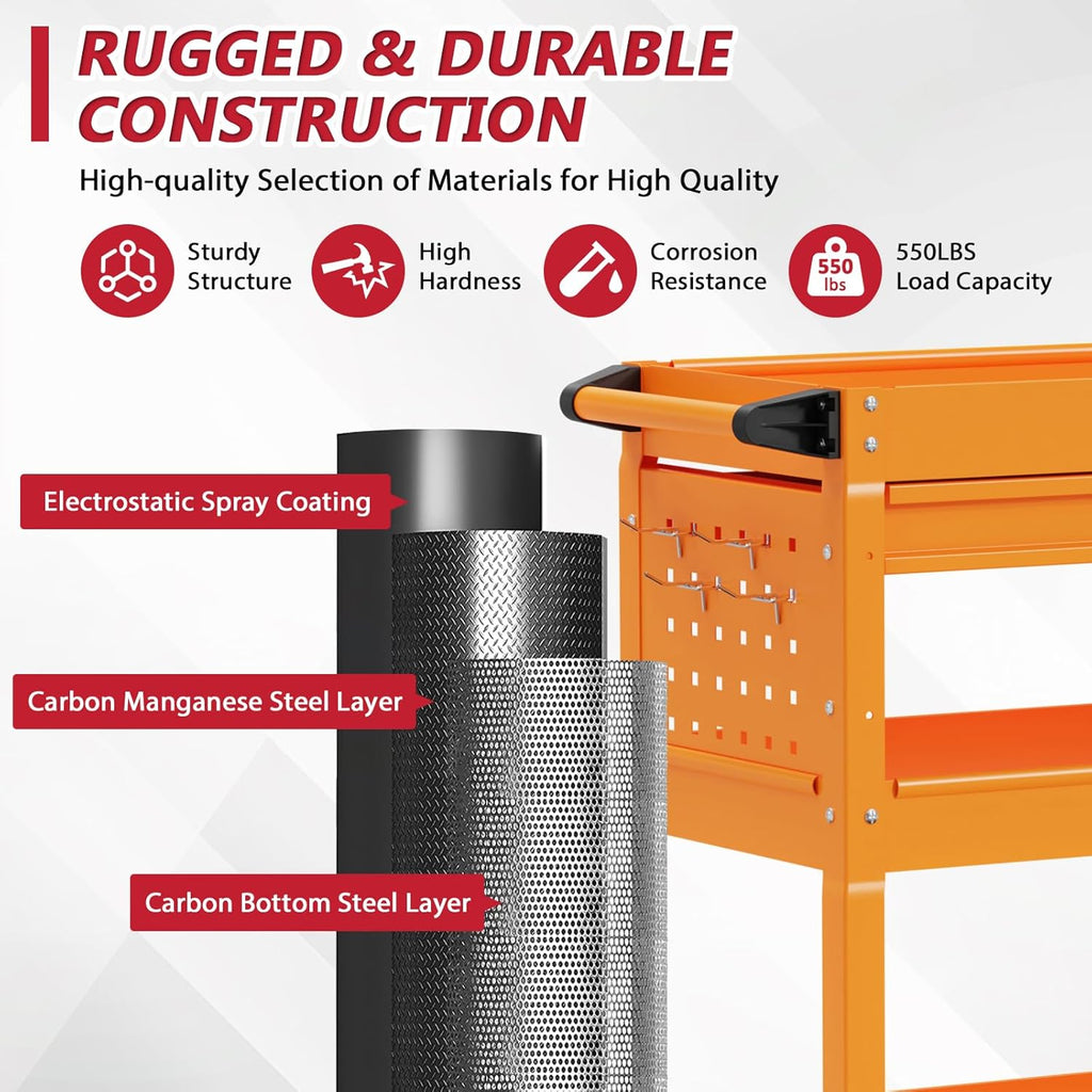 3 Tier Rolling Tool Cart on Wheels, Heavy Duty Service Cart Industrial Utility Cart with Drawer and
