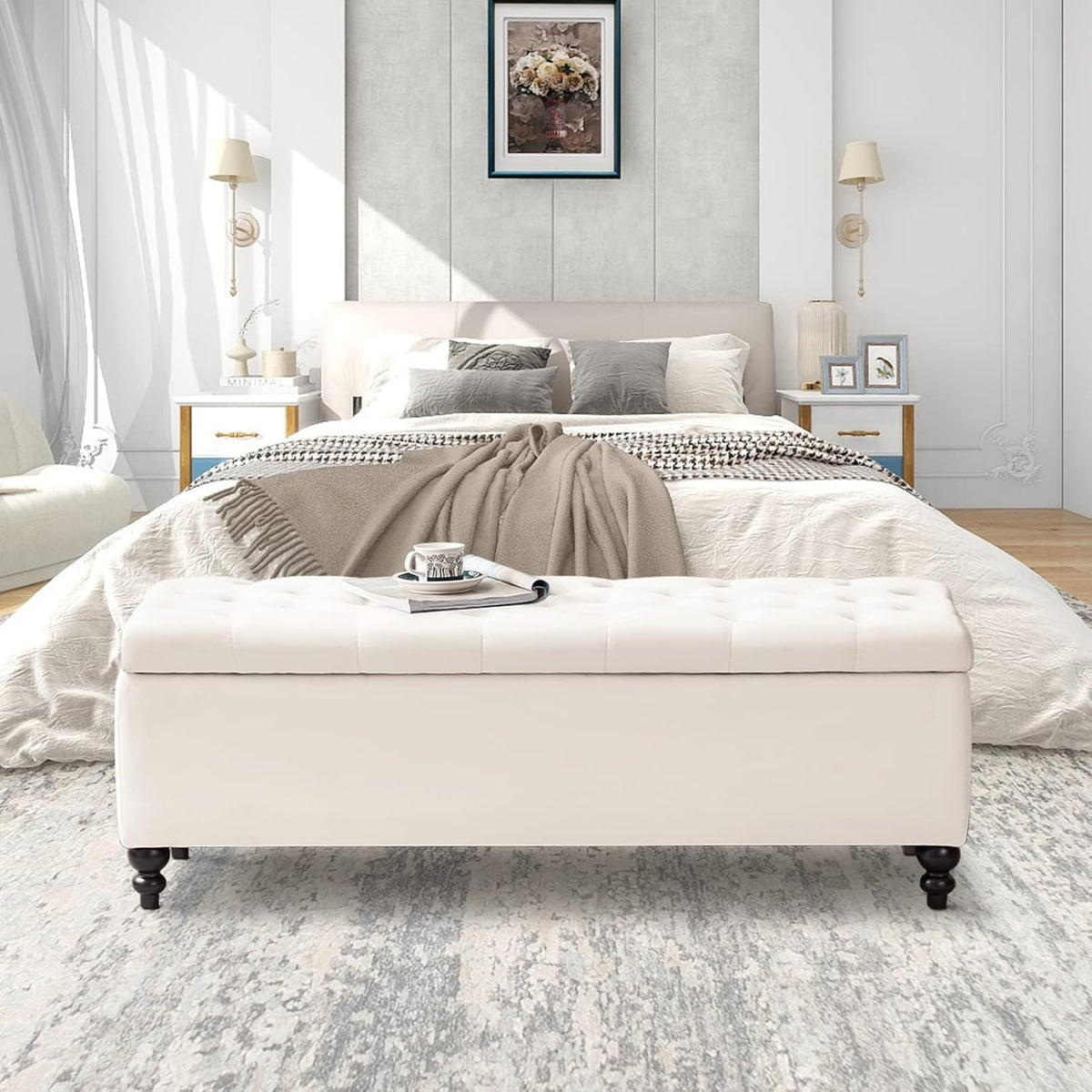 Storage Ottoman 50.2 Inches Upholstered Fabric Storage Ottoman Bench，Button Tufted Ottoman with