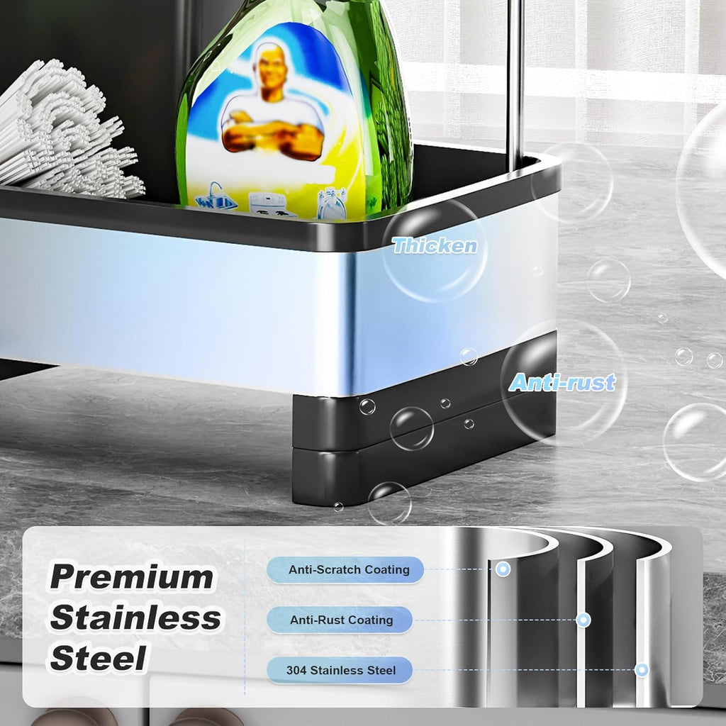 Stainless Steel Sink Caddy, Sponge Holder for Kitchen Sink with Brush Holder & Dishcloth Rack