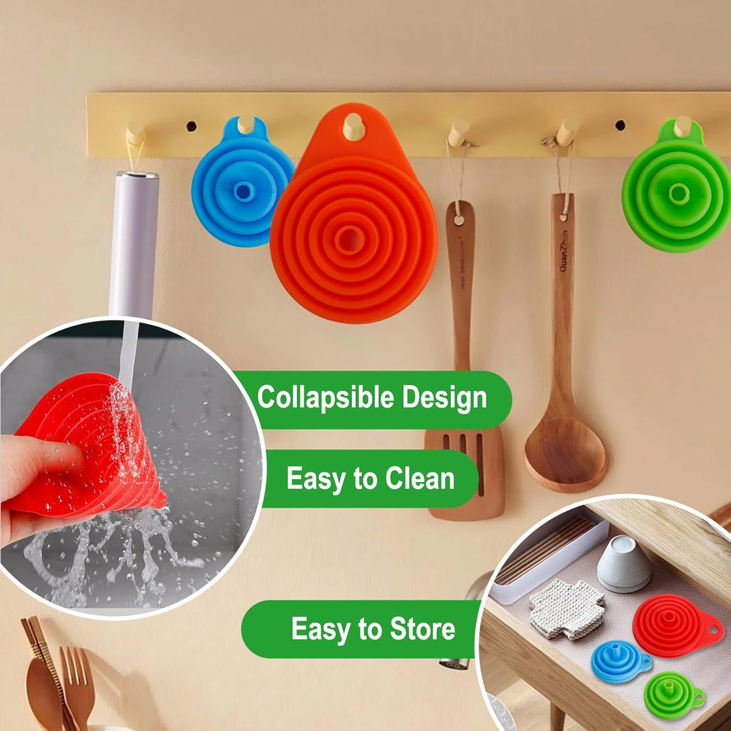 Kitchen Funnel Set of 4, Food Grade Foldable Small and Large Funnel Colorful Silicone Collapsible