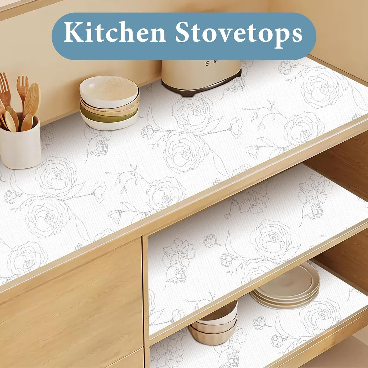 Shelf Liners for Kitchen Cabinets 17in x 30FT Non Adhesive Drawer Liner Sliver Floral Thickened