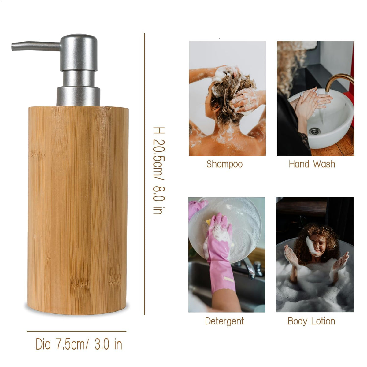 2 Pack Natural Bamboo Liquid Soap Dispensers, 10 oz Refillable Bottles with Silver Plastic Pumps