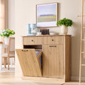 Modern Double Tilt-Out Trash Cabinet, 20 Gallon Fluted Laundry Hamper Cabinet with 2 Drawers
