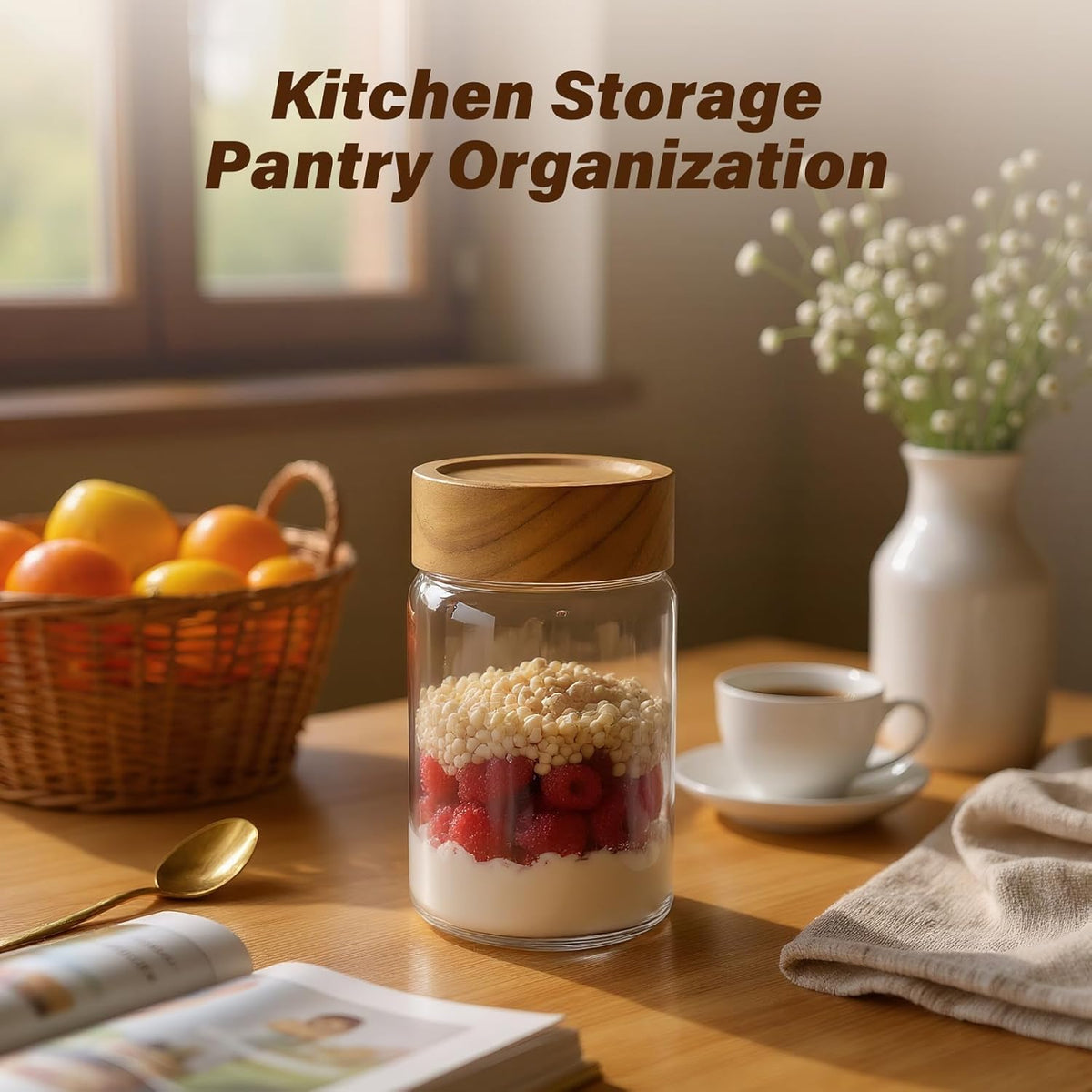 2pc Glass Mason Jars with Acacia Wood Airtight Lids - Overnight Oats & Food Storage Container Set