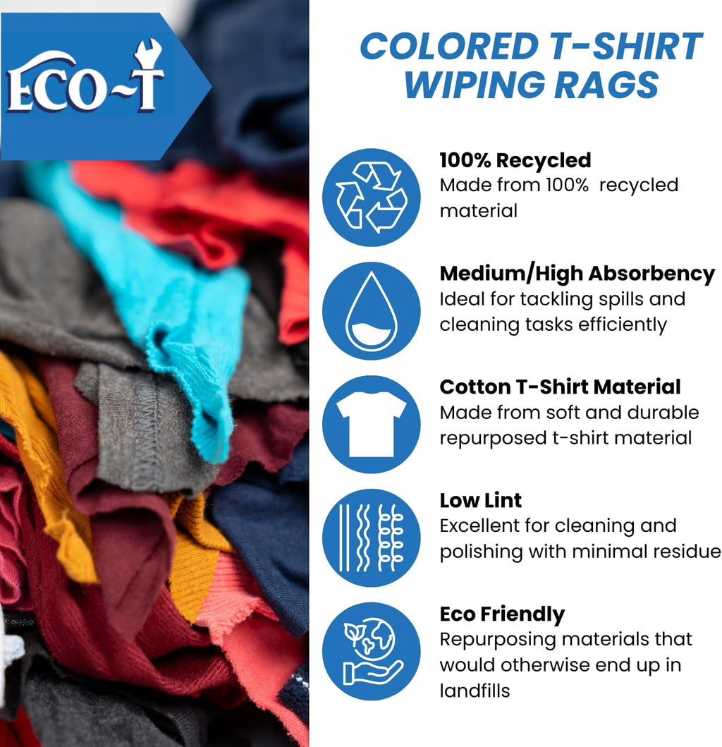 10 Lb Box Eco-T Mechanic Shop Rags - Colored T-Shirt Material, 100% Recycled, Eco-Friendly, High