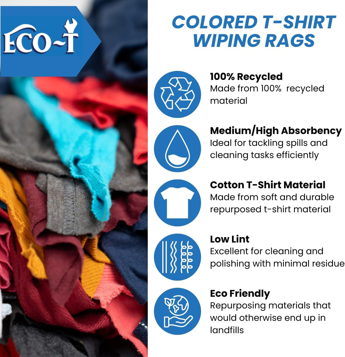 10 Lb Box Eco-T Mechanic Shop Rags - Colored T-Shirt Material, 100% Recycled, Eco-Friendly, High