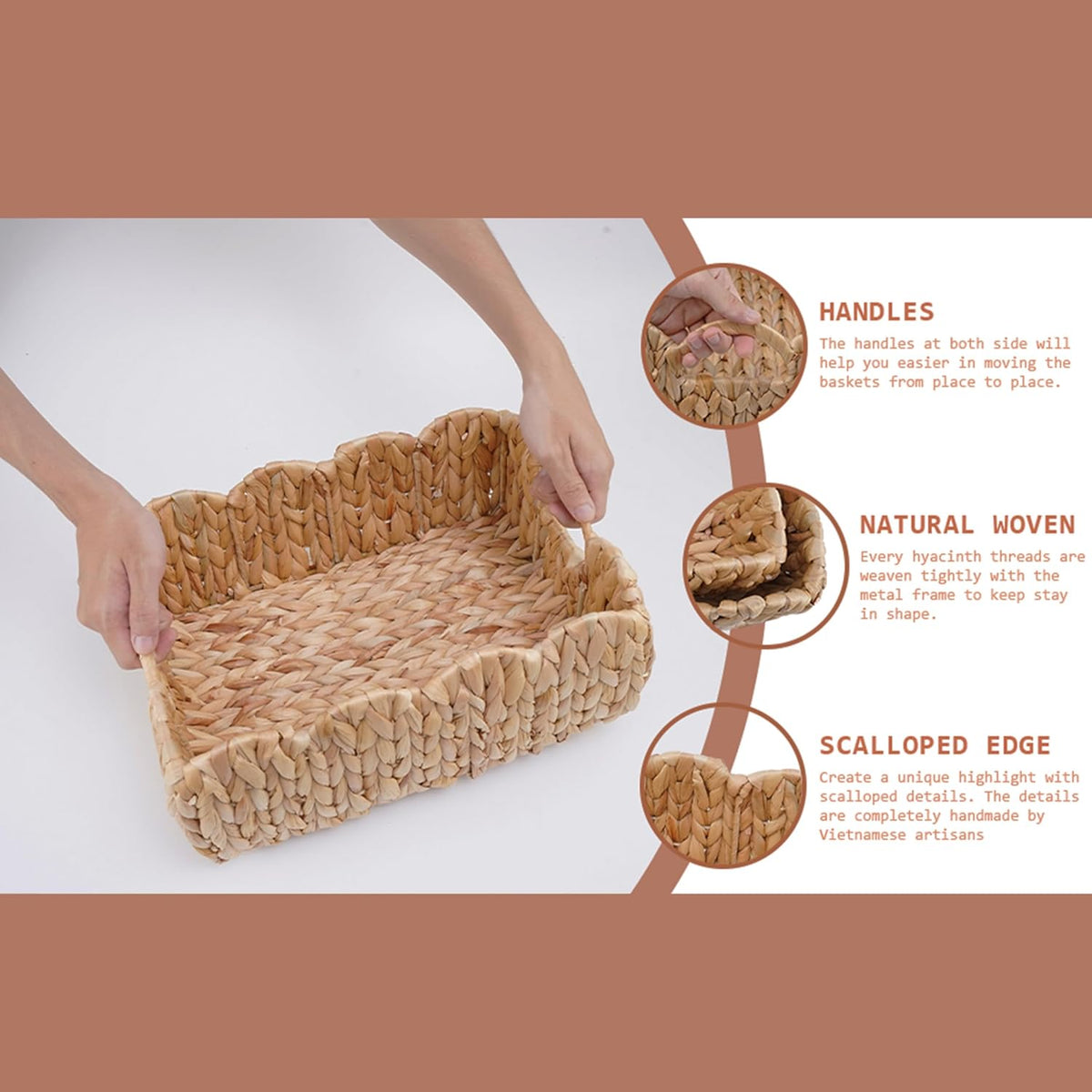 Set of 2 Scalloped Edge Wicker Storage Basket with Built-in Handles, Rectangle Water Hyacinth