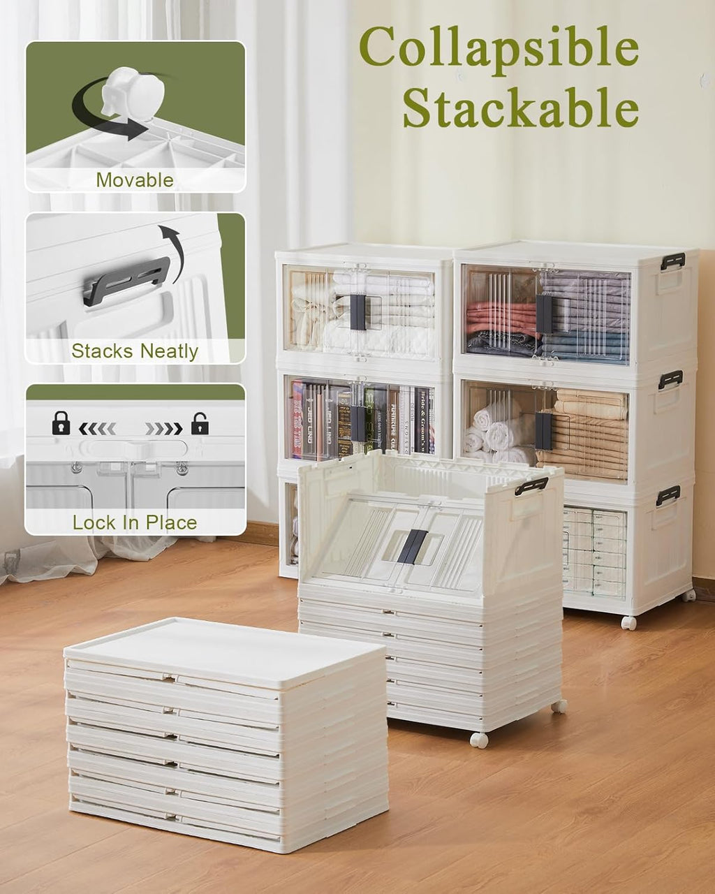 OlarHike 48QT Stackable Storage Bins with Lids - Folding Storage Boxes with Doors and Wheels