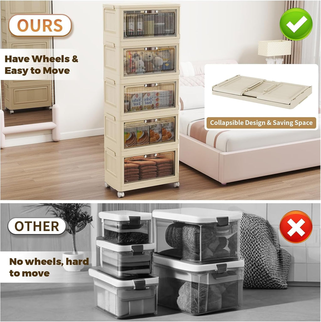 5 Tier - 48QT Storage Bins with Lids, Collapsible Storage Bins with Doors and Wheels, Plastic