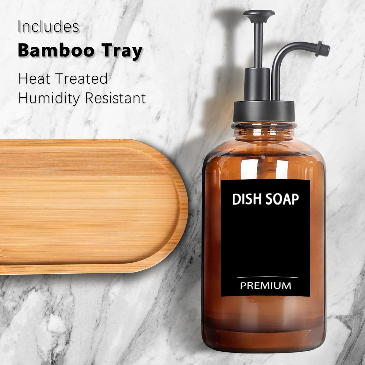 Amber 18 Oz Dish Soap Dispenser for Kitchen, Ultra-Thick Glass Soap Dispenser Set with Tray, Pump