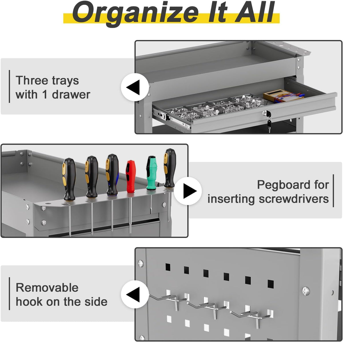 3-Tier Rolling Tool Cart with Drawers, Heavy Duty Utility Storage Cart with pegboard, Lockable