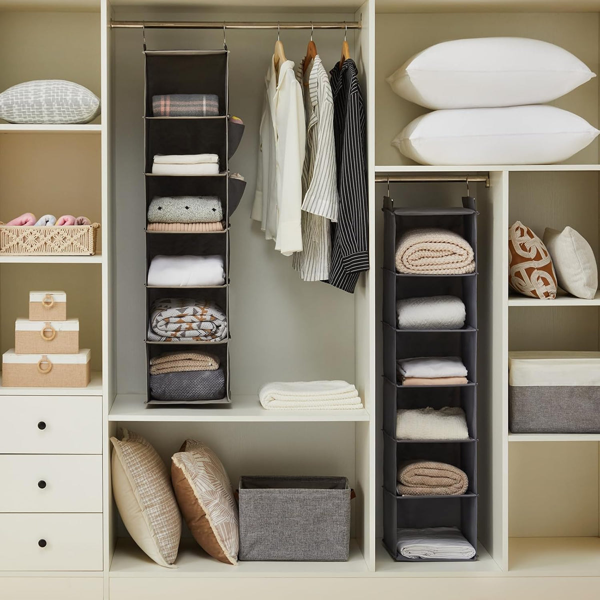 YOUDENOVA Hanging Closet Organizer, 6-Shelf Closet Hanging Storage Shelves, 2 Packs, Grey