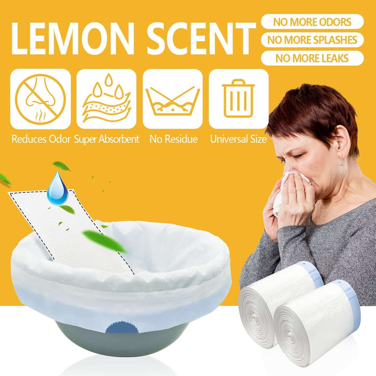 Senvok Commode Liners with Highly Absorbent Pads - 60 Pack | Lemon Scented | Leak-Proof Medical