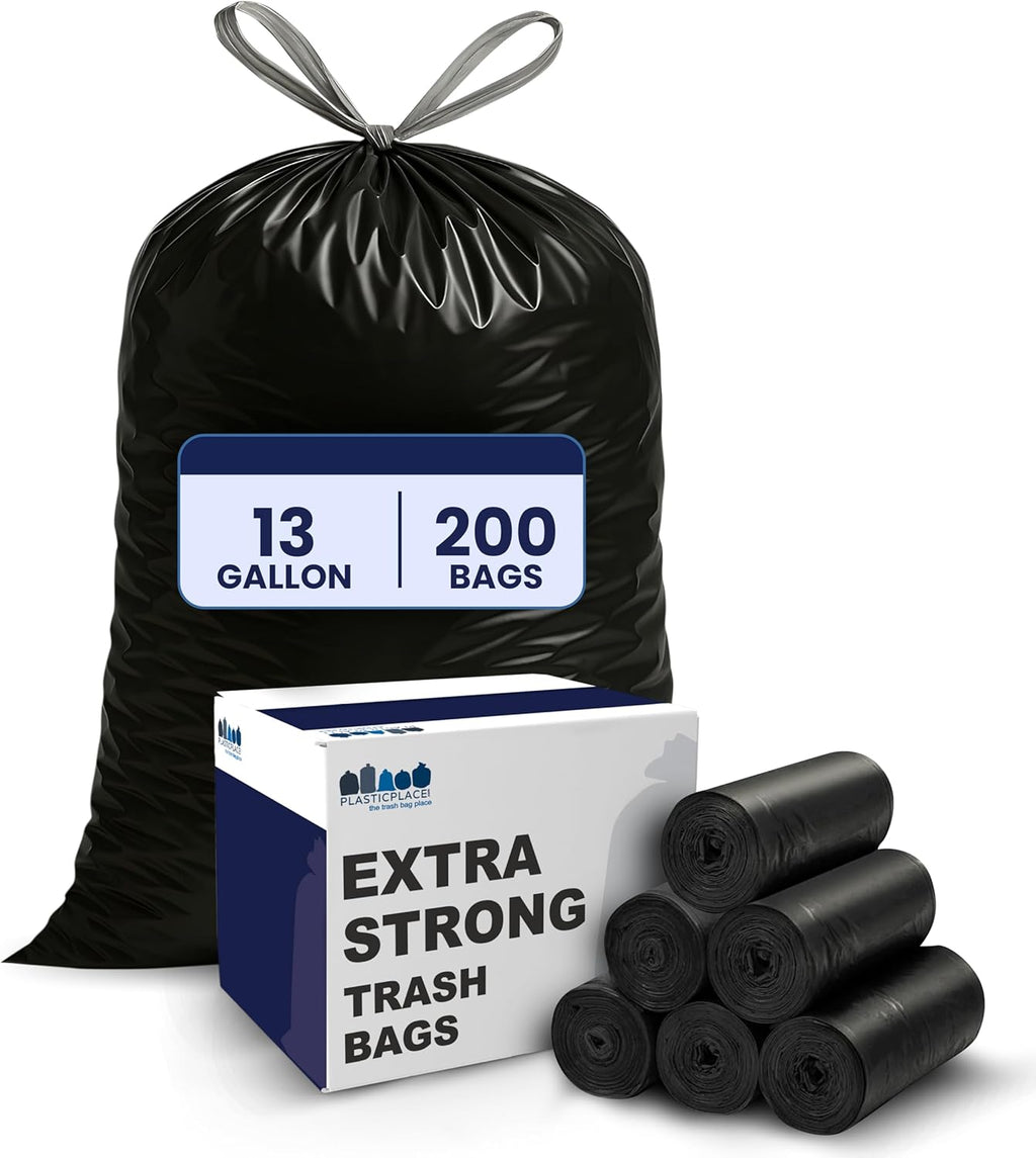 Plasticplace 13 gallon Extra Tall Drawstring Kitchen Trash Bags | Black 1.2 Mil, 24"W x 31"H