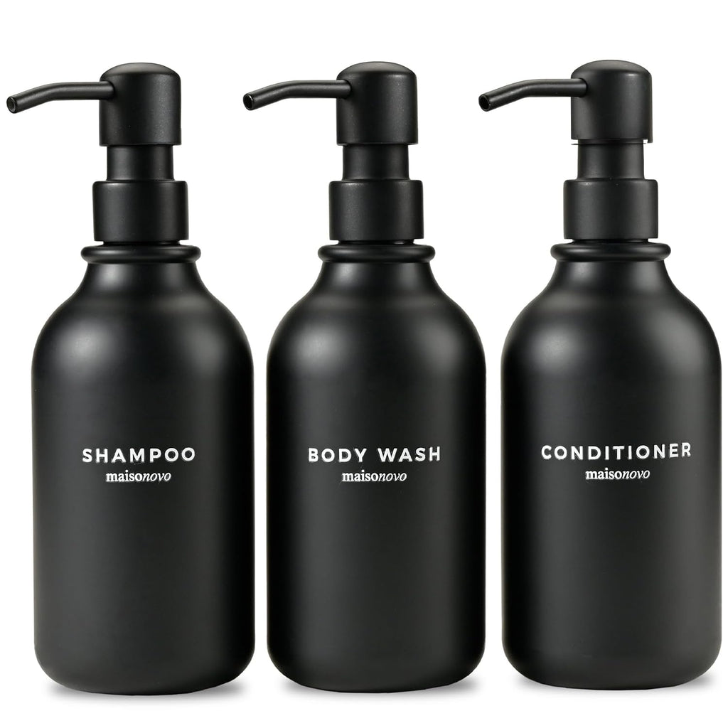 MaisoNovo Refillable Shampoo and Conditioner Bottles | 16.9 fl oz Set of 3 Black Plastic Bottles