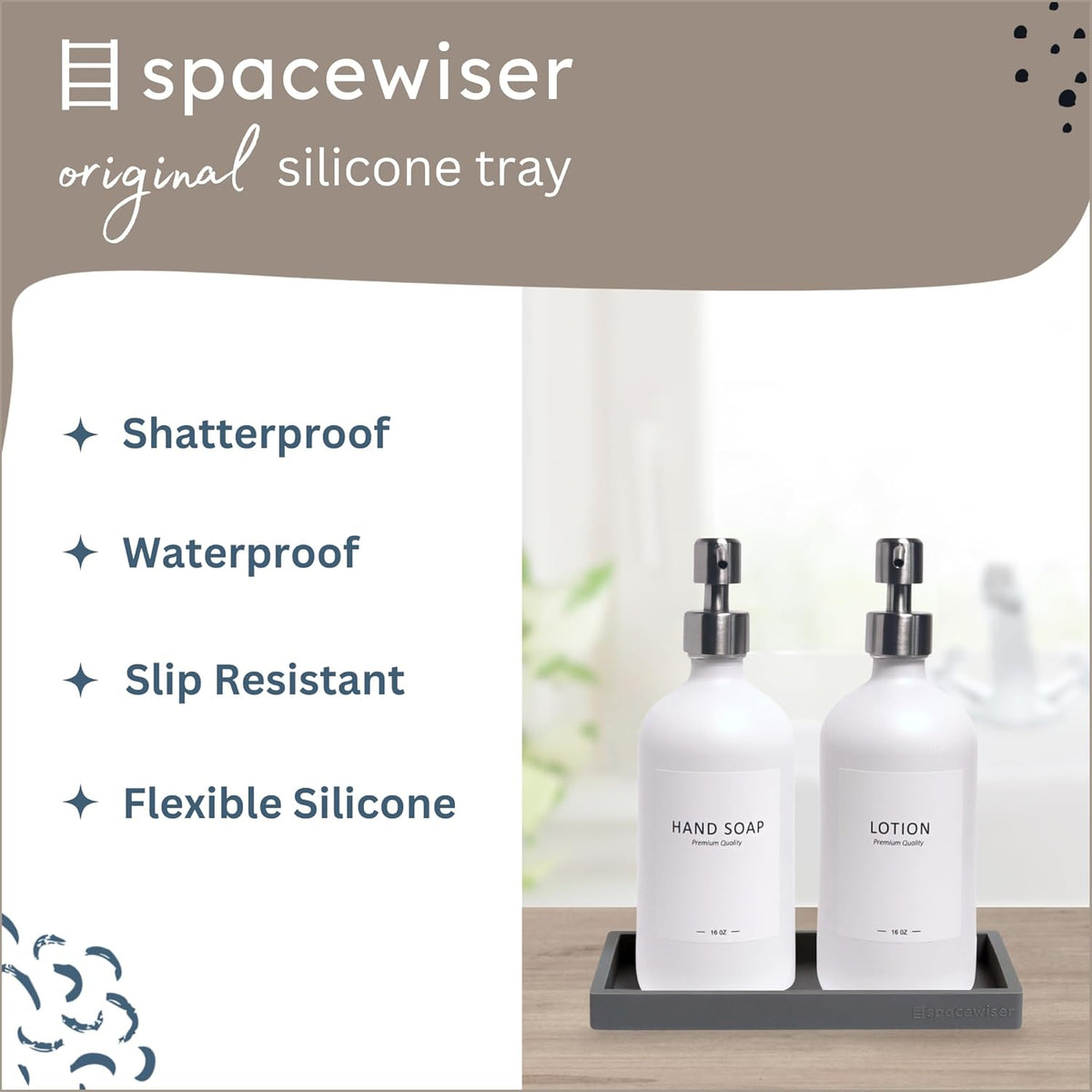 Countertop and Vanity Tray - Small 7.7" Silicone Tray for Soap Dispenser Bottles, Bathroom Trays