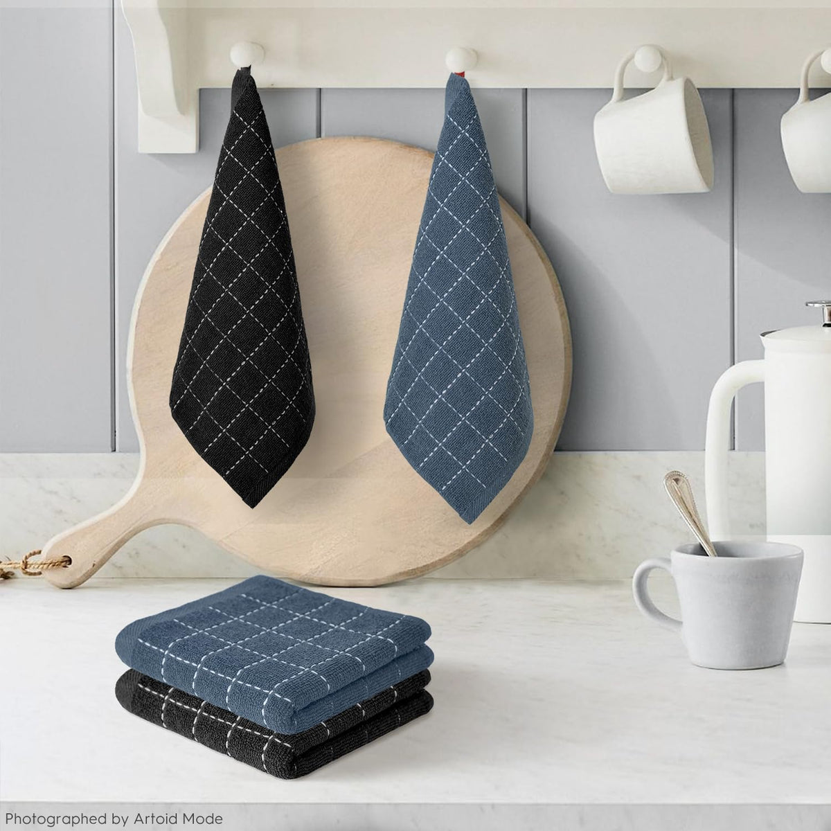 Artoid Mode Checkered Designed Cotton Black Grey Terry Kitchen Dish Cloths, 12x12 Inch Soft