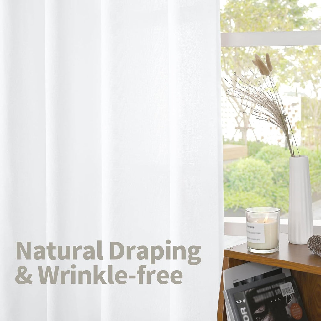 YoungsTex 72 Inch Length White Linen Curtains for Living Room 2 Panels, Rod Pocket Back Tab Semi