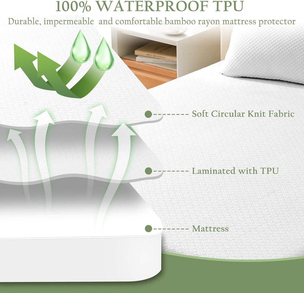 100% Waterproof Full Mattress Protector, Breathable Bamboo Rayon Mattress Cover with 8”-21” Deep
