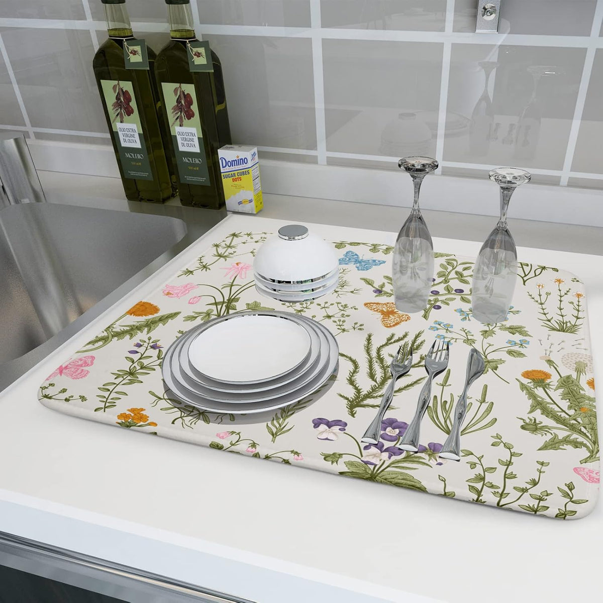 Wild Flowers Herbs Dish Drying Mat for Kitchen Counter Decor 18x24 Inch Vintage Floral Absorbent