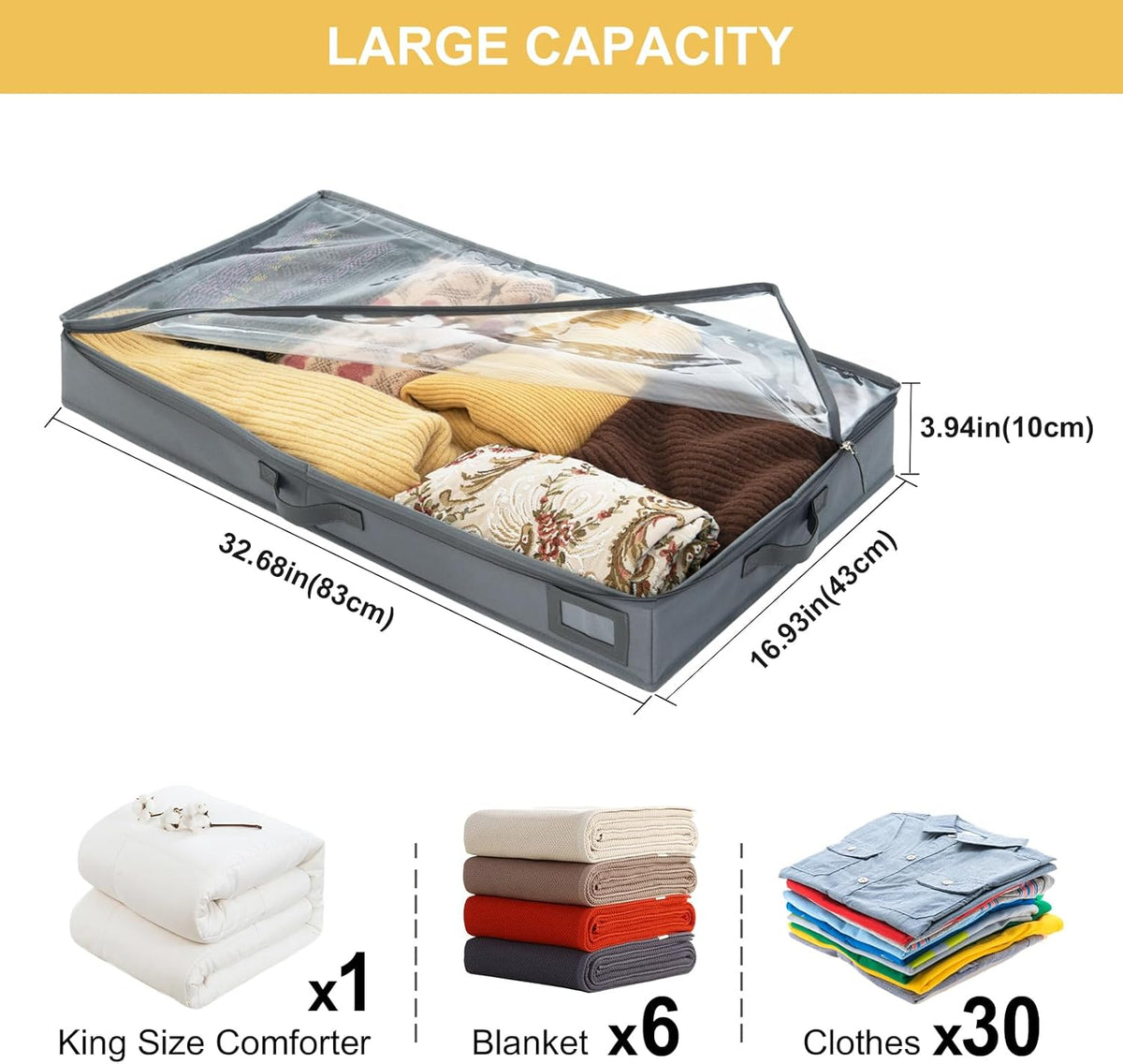 4-Inch Under Bed Storage Containers (3-Pack) | Sturdy Sidewalls | Clear Cover & Label Holder |