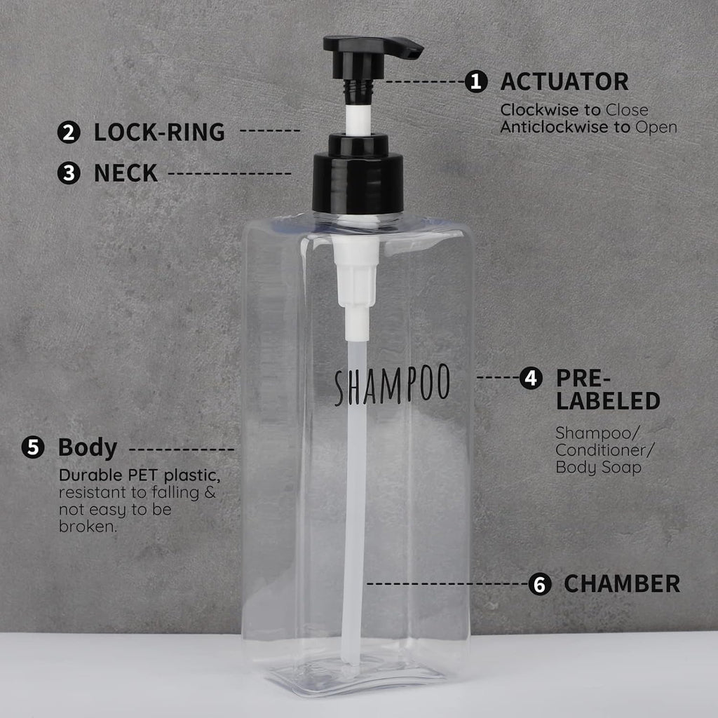 Segbeauty Clear Square Shampoo Bottles, 3pcs 16.9oz Refillable Plastic Lotion Dispenser with Pump
