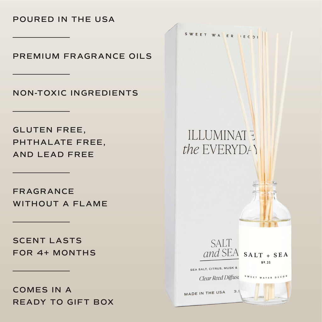 Sweet Water Decor Salt & Sea Reed Diffuser Set - Sea Salt Citrus & Musk Amber Scent Diffuser - Reed