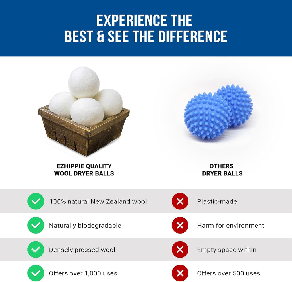 Ezhippie Quality Wool Dryer Balls - 4 XL Pack - 1000+ Loads - Pure Organic Wool - Reusable Natural