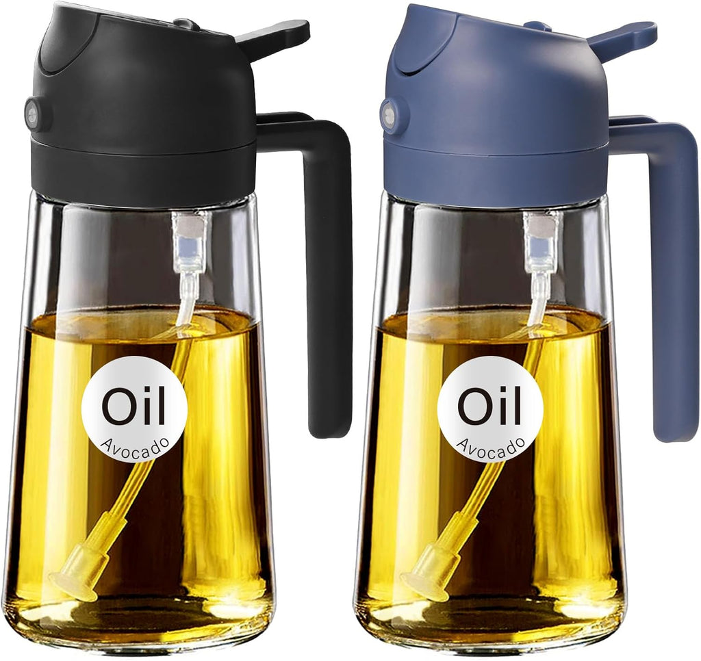YARRAMATE 2Pcs 16oz/470ml Glass Olive Oil Sprayer for Cooking with Stickers, 2 in 1 Oil Dispenser