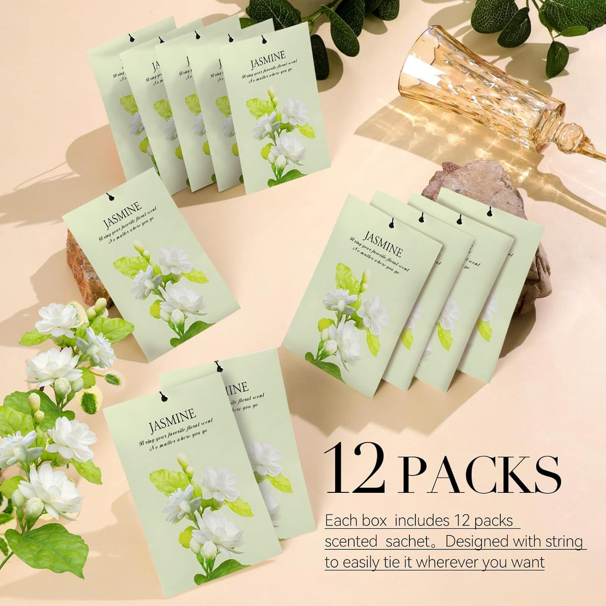 Jasmine Scented Sachet Bags - 12 Pack Closet Freshener Odor Eliminator, Long Lasting Home Fragrance