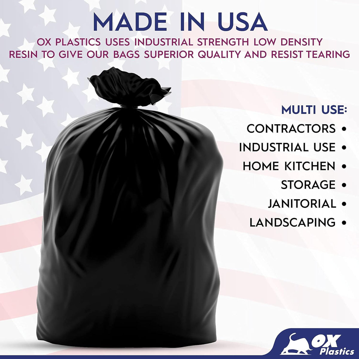 Ox Plastics Trash Can Liners Bags - Extra Heavy Duty Strength - Large Garbage, Leak-Proof &