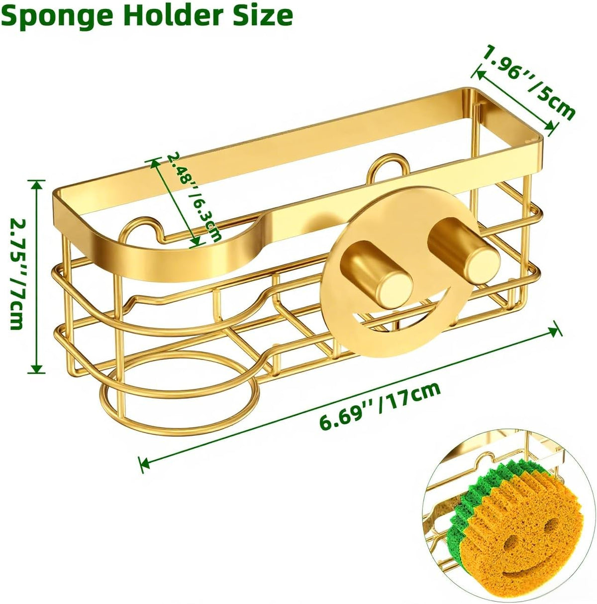 Cisily Gold Smiley Sponge Holder for Kitchen Sink Caddy, Stainless Steel Movable Brush Holder Dish