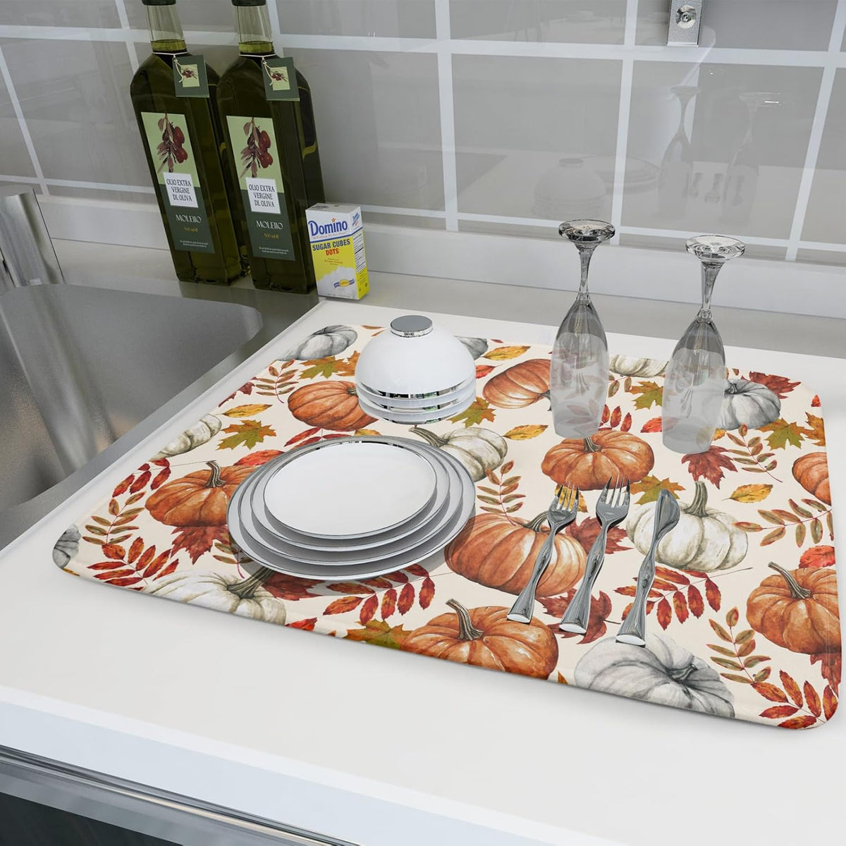 Fall Dish Drying Mat for Kitchen Counter 16x18 Inch Autumn Pumpkins Maple Leaves Drying Mats