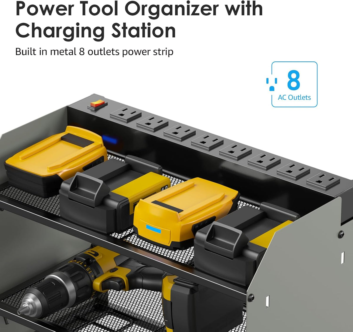 CCCEI Set Power Tool Organizer Wall Mount with Charging Station. Garage 4 Drill Storage Shelf with