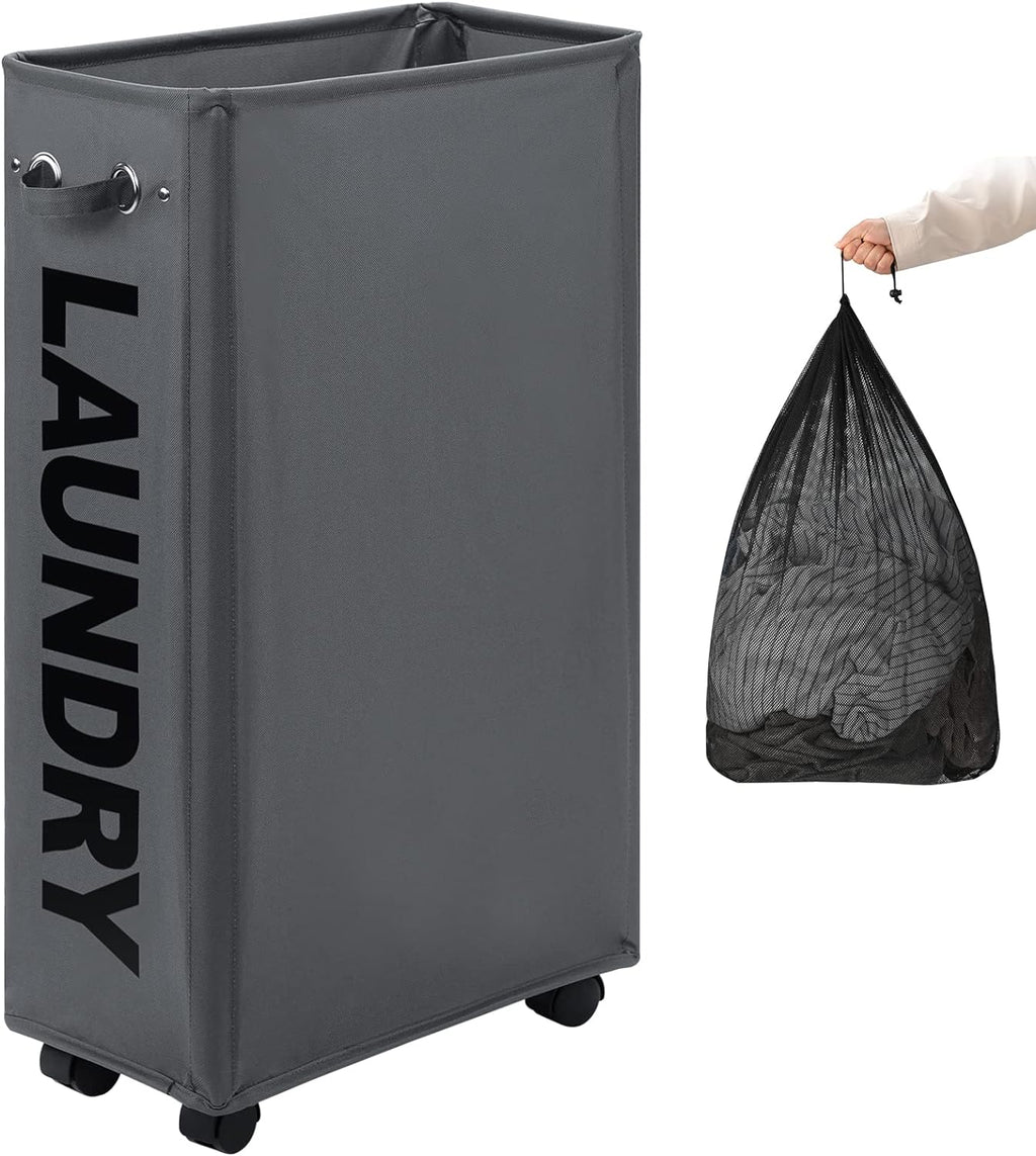 DOKEHOM 29-Inches Enlarged Slim Laundry Basket with Removable Wash Bag on Wheels, Collapsible