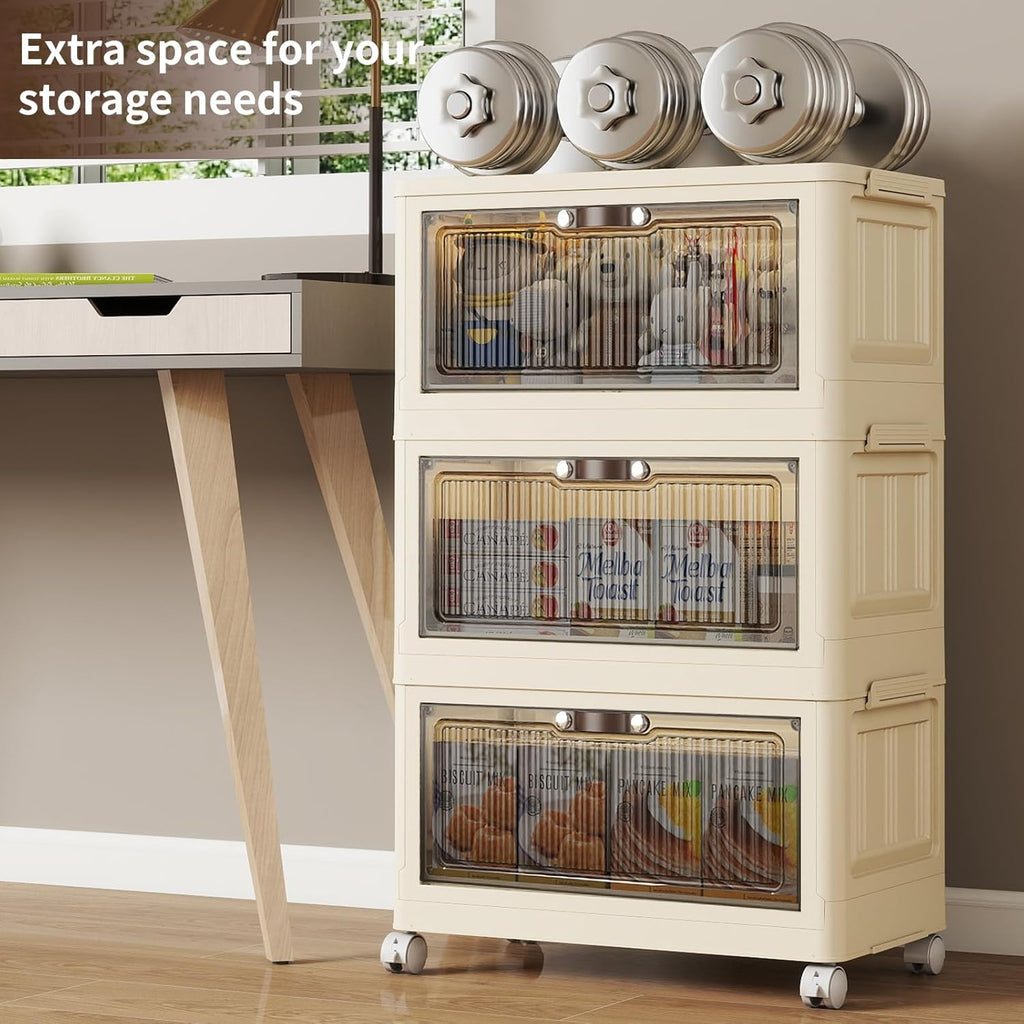 3 Tier - 48QT Storage Bins with Lids, Collapsible Storage Bins with Doors and Wheels, Plastic