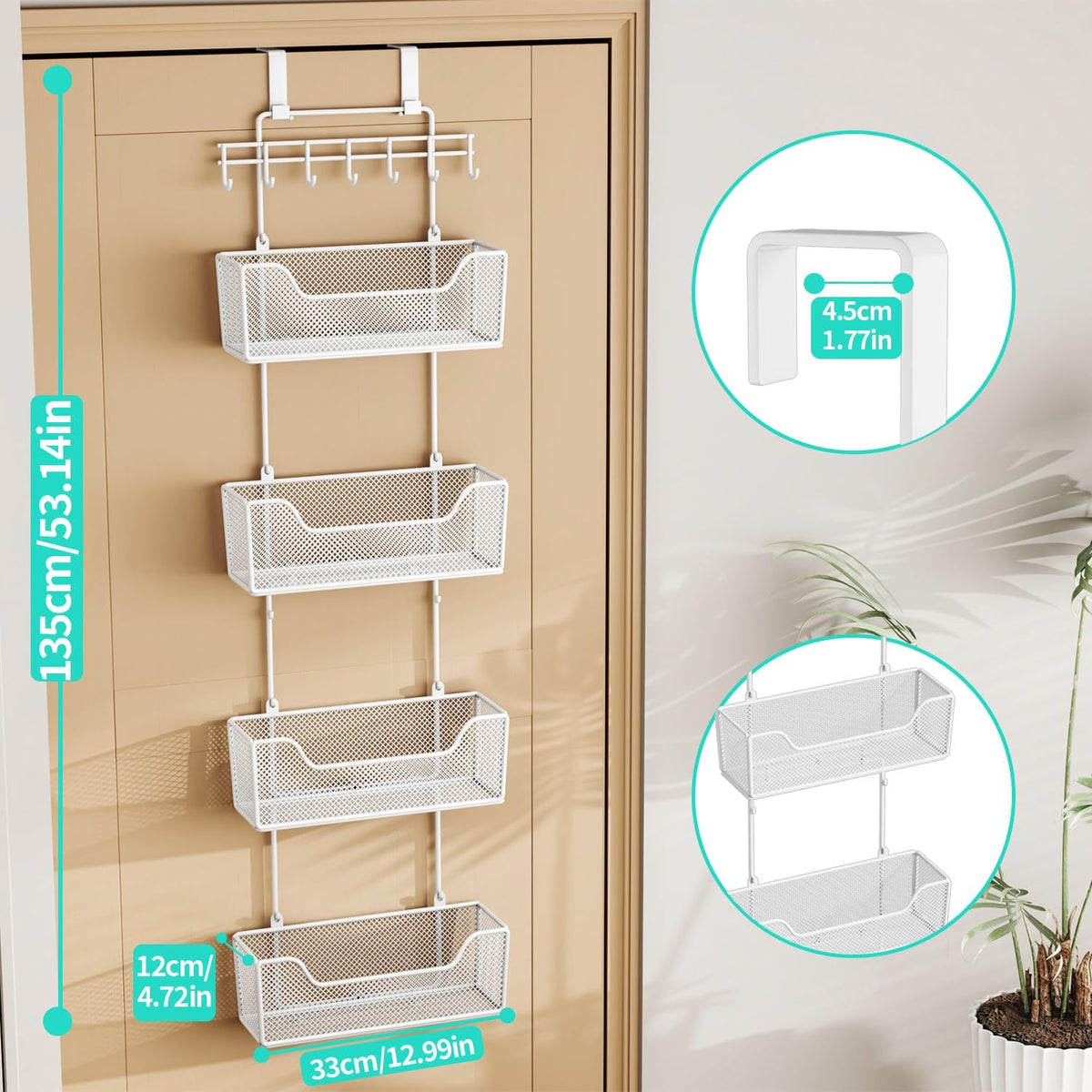 HapiRm Over Door Organizer Storage - Hanging Door Organizer with 4 Metal Large Capacity Baskets and