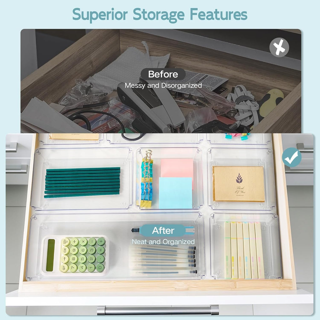 6 Pack Large Clear Plastic Drawer Organizer Trays, Desk Drawer Organizers and Storage Dividers