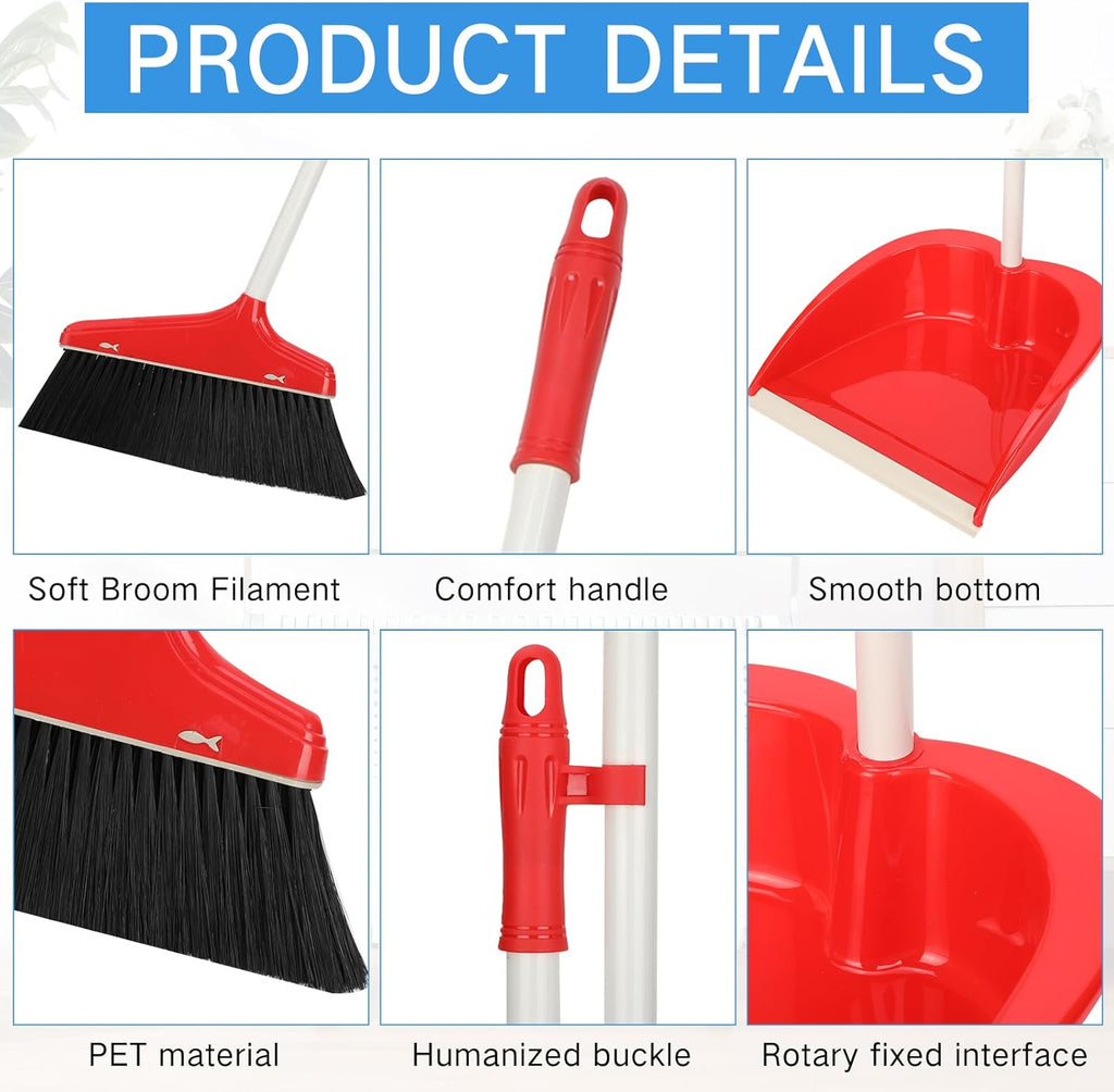 WILLBOND Set of 8 Broom and Dustpan Set Long Handle Broom with Upright Standing Dustpan Broom with