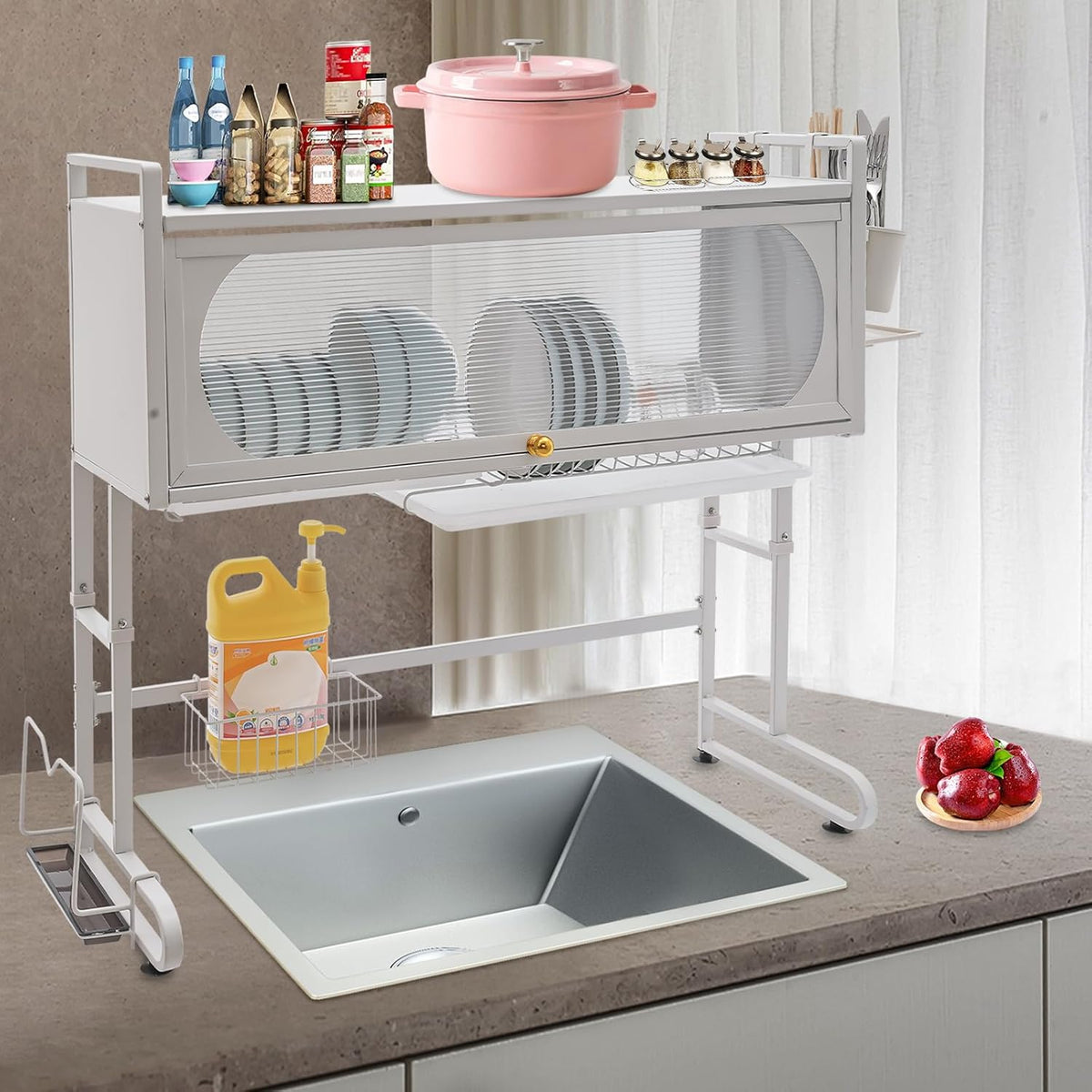 3 Tier Over The Sink Dish Drying Rack W/Clear Cabinet Door, Adjustable Dish Drainer Rack, White