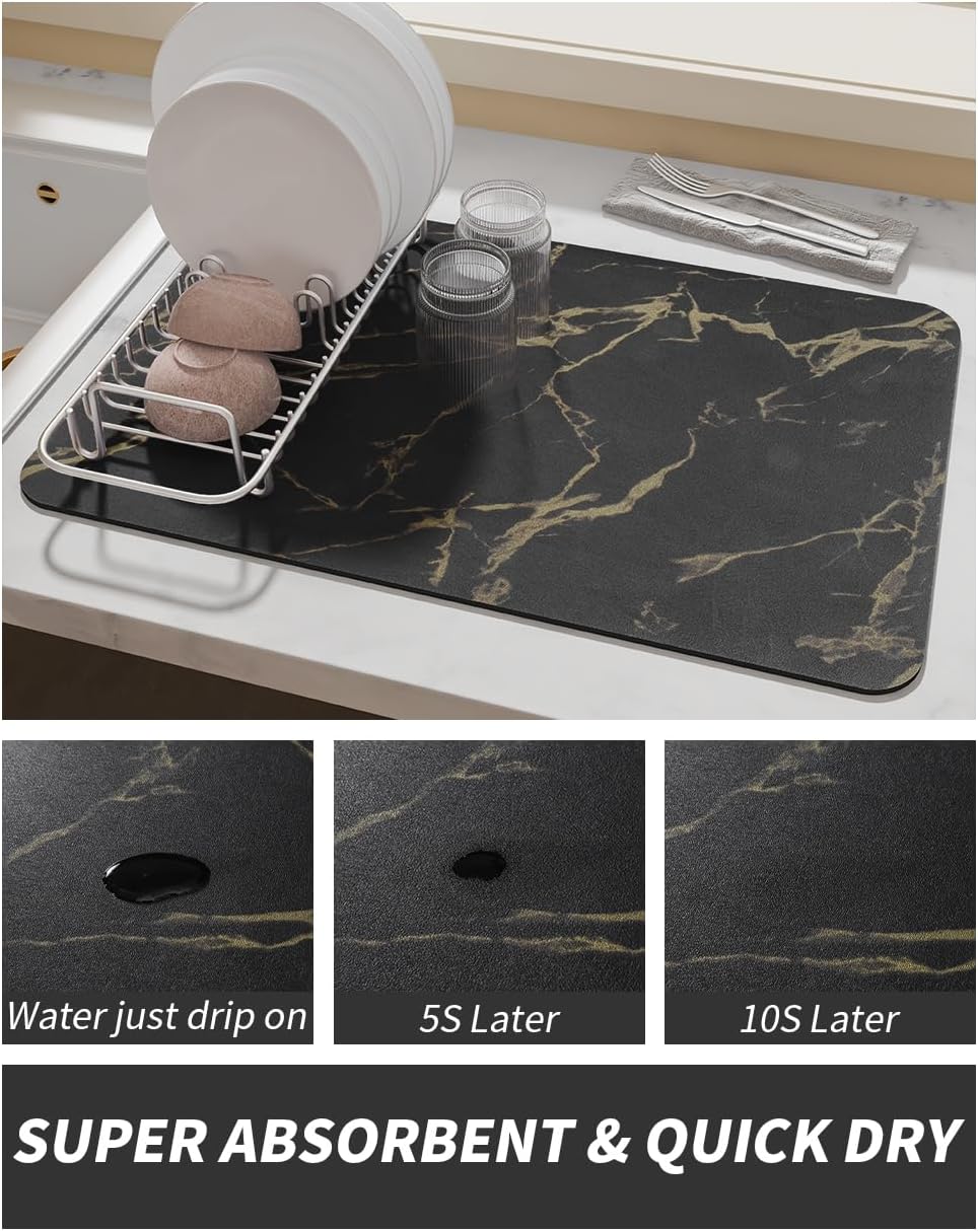 AMOAMI Coffee Mat - Hide Stain Rubber Backed Absorbent Dish Drying Mat for Kitchen Counter - Black