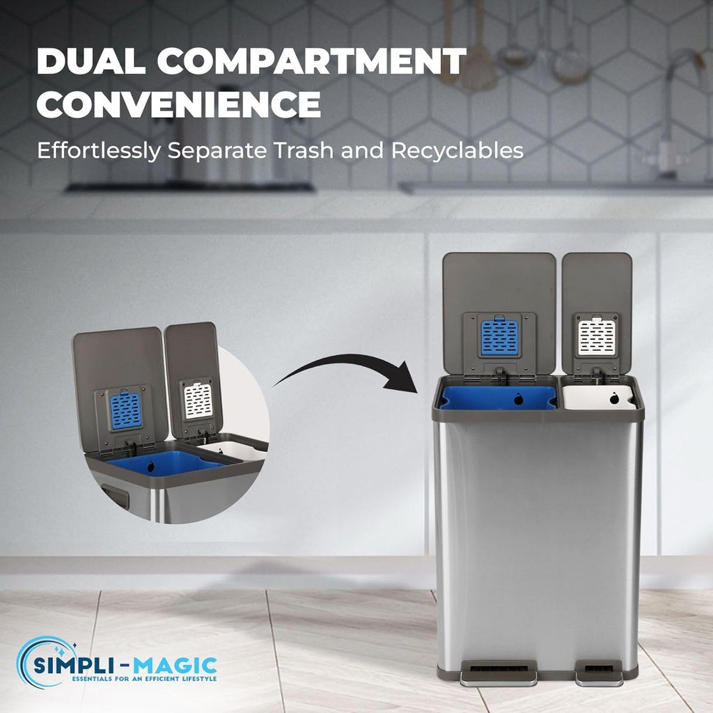 Simpli-Magic 16 Gallon (38L x 22L) Dual Compartment Step Trash Can – Kitchen Garbage Can with Waste