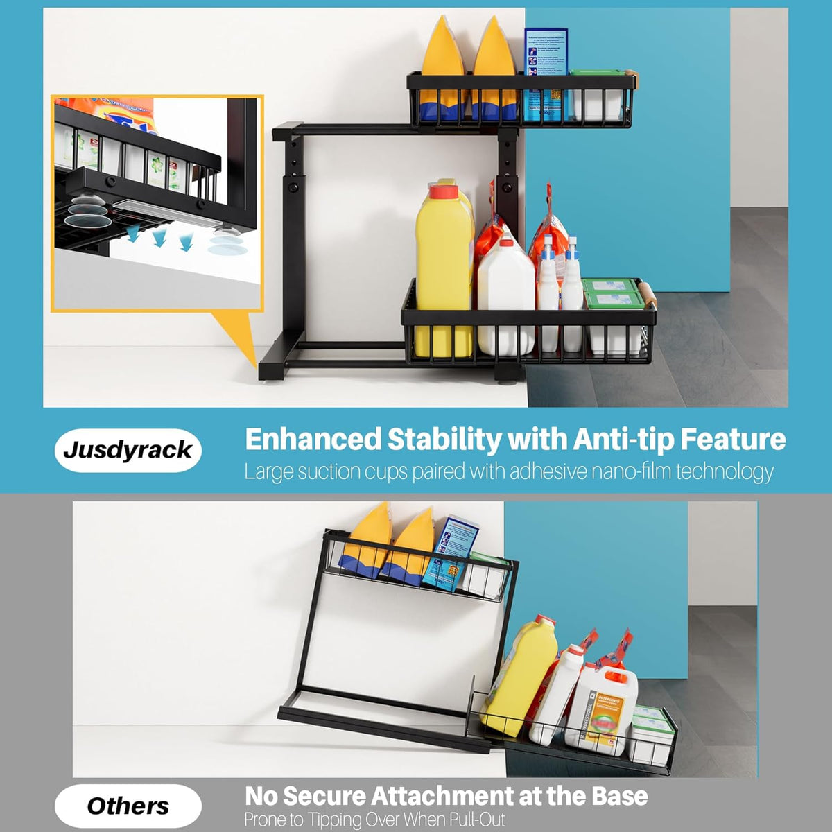 1 Packs 2 Tier Under Sink Organizers, Sliding Pull Out Cabinet Organizer Storage Shelf, Metal